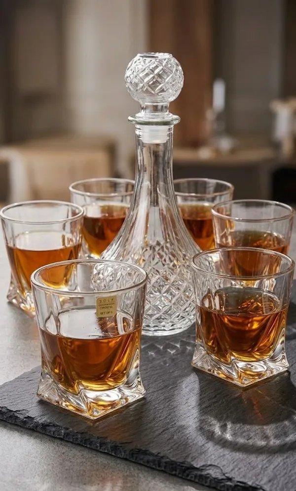 The_Pinnacle_of_Shubh_Aura_collection_our_Grand_Imperial_Decanter_and_set_of_4_glasses_features_a_classic_diamond_cut_base_and_hand_polished_Sphere_Stopper_Engineered_for_optimal_aeration_and_unmatched_Briliance,_Its_more_than_Barware-_It�s_a_heirloom_piece_designed_to_celebrate_lifes_most_significant_milestones