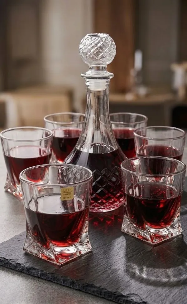 The_Pinnacle_of_Shubh_Aura_collection_our_Grand_Imperial_Decanter_and_set_of_4_glasses_features_a_classic_diamond_cut_base_and_hand_polished_Sphere_Stopper_Engineered_for_optimal_aeration_and_unmatched_Briliance,_Its_more_than_Barware-_It�s_a_heirloom_piece_designed_to_celebrate_lifes_most_significant_milestones