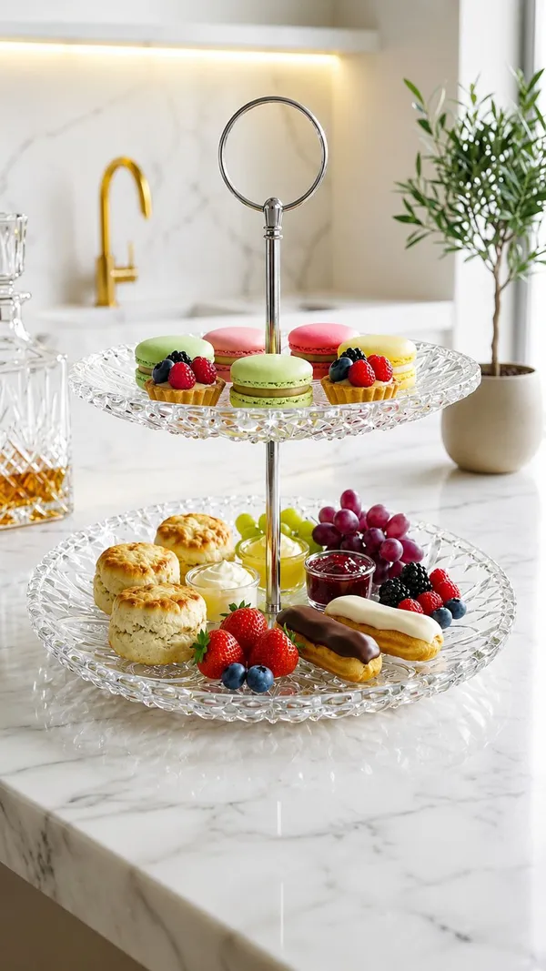 Shubhaura_pack_of_1,_Embossed_heavy_glass,_2_tier_cup_cake_stand,_Perfact_for_serving_Pasteries,_cup_cakes,_or_appetizers,_This_round_two_tier_stand_is_completely_functional_to_use_in_home_parties.