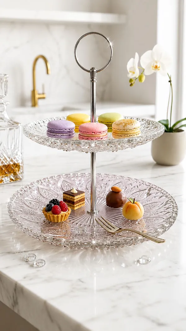 Shubhaura_pack_of_1,_Embossed_heavy_glass,_2_tier_cup_cake_stand,_Perfact_for_serving_Pasteries,_cup_cakes,_or_appetizers,_This_round_two_tier_stand_is_completely_functional_to_use_in_home_parties.
