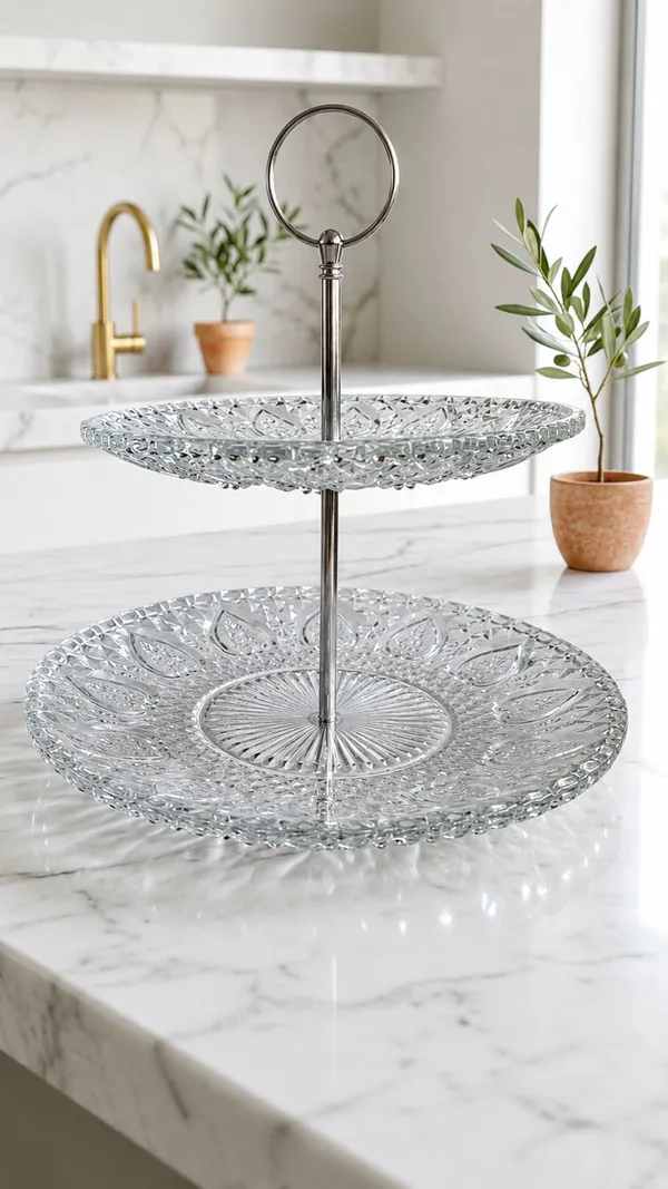 Shubhaura_pack_of_1,_Embossed_heavy_glass,_2_tier_cup_cake_stand,_Perfact_for_serving_Pasteries,_cup_cakes,_or_appetizers,_This_round_two_tier_stand_is_completely_functional_to_use_in_home_parties.
