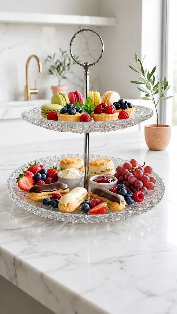 Shubhaura_pack_of_1,_Embossed_heavy_glass,_2_tier_cup_cake_stand,_Perfact_for_serving_Pasteries,_cup_cakes,_or_appetizers,_This_round_two_tier_stand_is_completely_functional_to_use_in_home_parties.