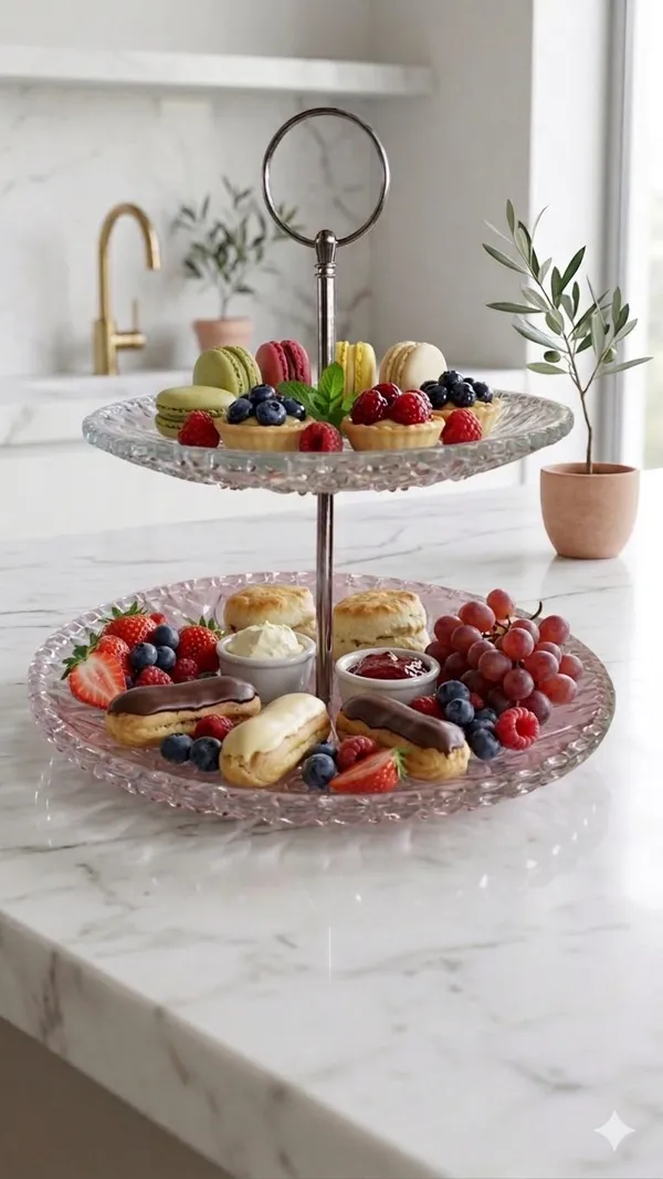 Shubhaura_pack_of_1,_Embossed_heavy_glass,_2_tier_cup_cake_stand,_Perfact_for_serving_Pasteries,_cup_cakes,_or_appetizers,_This_round_two_tier_stand_is_completely_functional_to_use_in_home_parties.