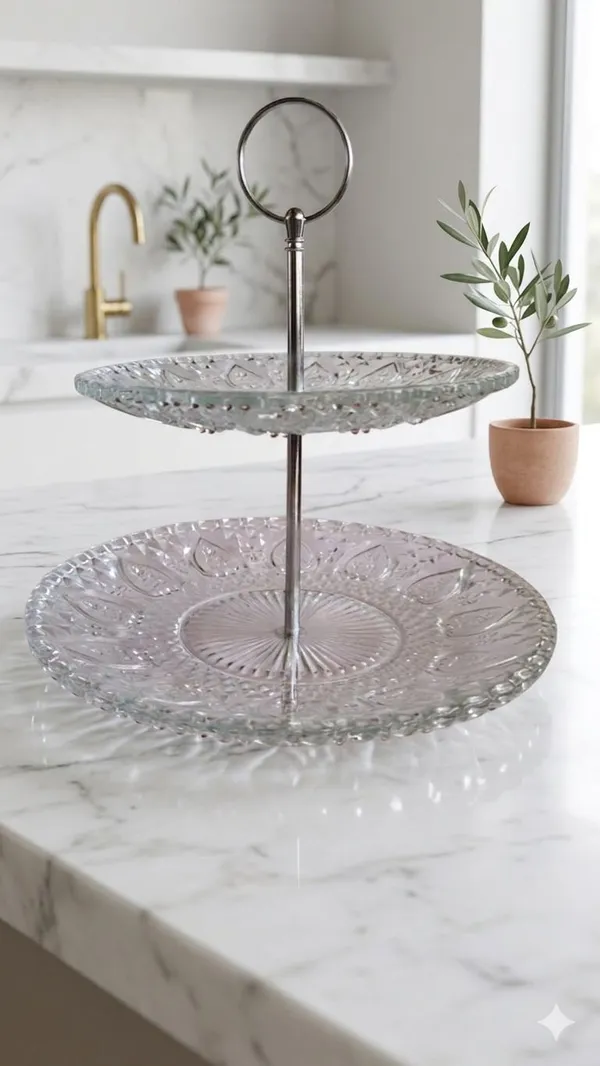 Shubhaura_pack_of_1,_Embossed_heavy_glass,_2_tier_cup_cake_stand,_Perfact_for_serving_Pasteries,_cup_cakes,_or_appetizers,_This_round_two_tier_stand_is_completely_functional_to_use_in_home_parties.
