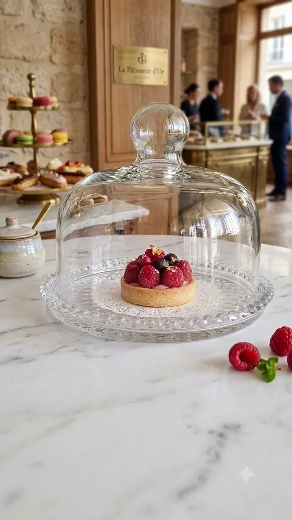 Shubh_Aura_Glass_cake/dessert_stand_with_glass_cloche_10"_dia,_heavy_weight_Embossed_glass_plate_and_Glass_Cloche_to_cover,_perfect_for_serving_cake_&_dessert_in_home_parties