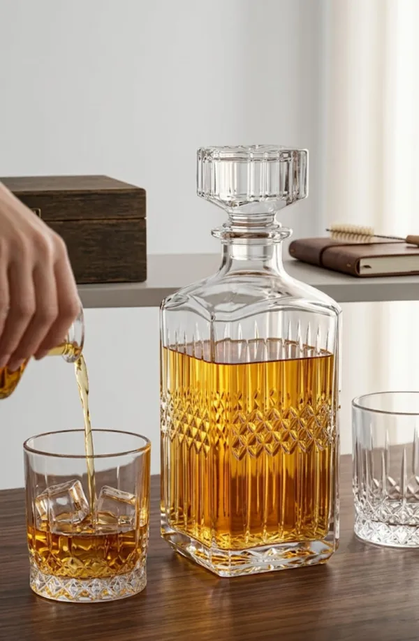 The_Pinnacle_of_Shubh_Aura_collection_our_Grand_Imperial_Decanter_and_set_of_6_glasses_features_a_classic_diamond_cut_base_and_hand_polished_Sphere_Stopper_Engineered_for_optimal_aeration_and_unmatched_Briliance,_Its_more_than_Barware-_It�s_a_heirloom_piece_designed_to_celebrate_lifes_most_significant_milestones