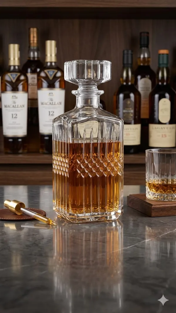 The_Pinnacle_of_Shubh_Aura_collection_our_Grand_Imperial_Decanter_and_set_of_6_glasses_features_a_classic_diamond_cut_base_and_hand_polished_Sphere_Stopper_Engineered_for_optimal_aeration_and_unmatched_Briliance,_Its_more_than_Barware-_It�s_a_heirloom_piece_designed_to_celebrate_lifes_most_significant_milestones