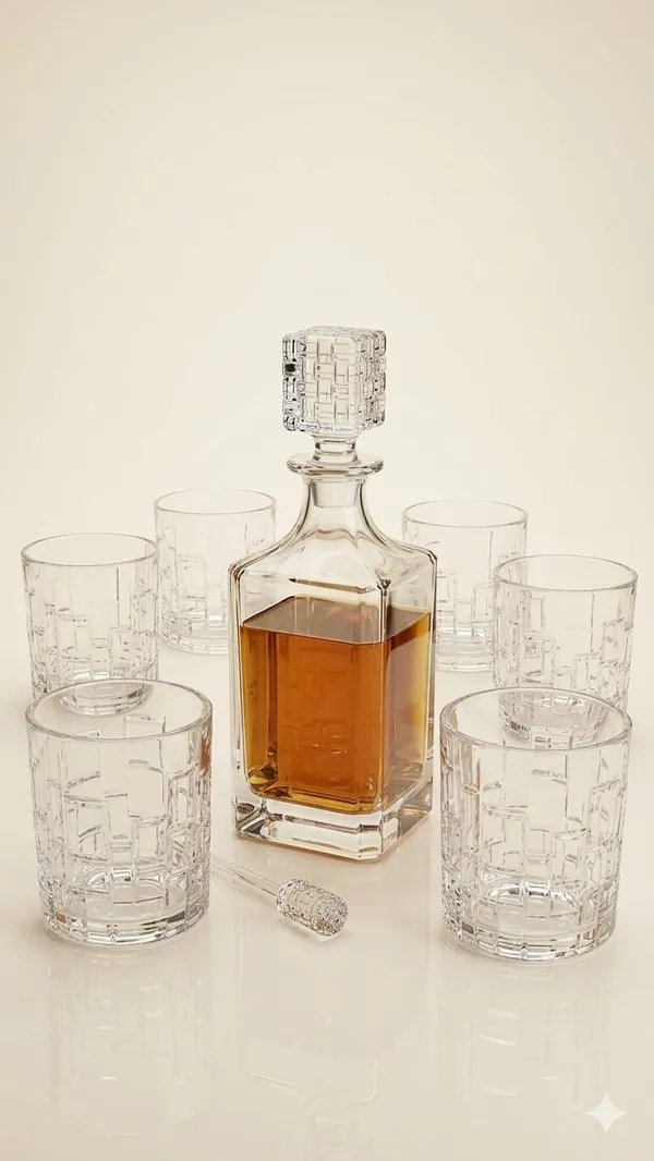 The_Pinnacle_of_Shubh_Aura_collection_our_Grand_Imperial_Decanter_and_set_of_6_glasses_features_a_classic_diamond_cut_base_and_hand_polished_Sphere_Stopper_Engineered_for_optimal_aeration_and_unmatched_Briliance,_Its_more_than_Barware-_It�s_a_heirloom_piece_designed_to_celebrate_lifes_most_significant_milestones