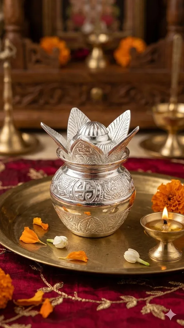 Shubh_Aura_Metal_with_silver_plated_hand_crafted_Pooja_Kalash_with_Nariyal_for_Pooja_D�cor,_It_increase_the_beauty_of_Pooja_space._Kalash_represent_a_pot_of_fertility_and_coconut_represent_prosperity_and_power._Width_9.4cm_&_height_14.5cm