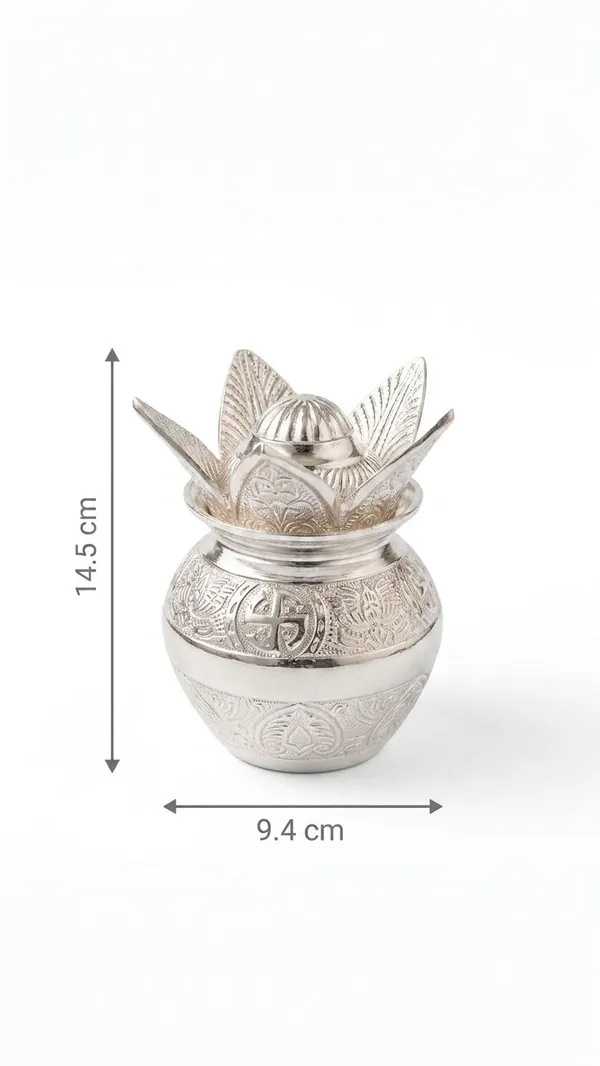 Shubh_Aura_Metal_with_silver_plated_hand_crafted_Pooja_Kalash_with_Nariyal_for_Pooja_D�cor,_It_increase_the_beauty_of_Pooja_space._Kalash_represent_a_pot_of_fertility_and_coconut_represent_prosperity_and_power._Width_9.4cm_&_height_14.5cm