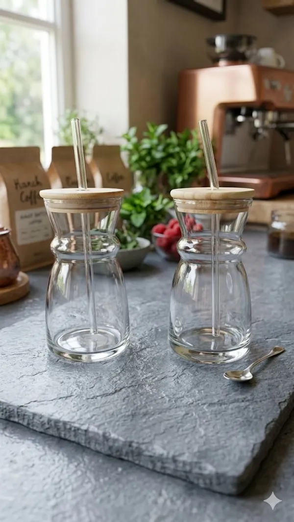 Shubh_Aura_4pc_Japanese_style_Glass_Tumbler_with_Wooden_Lid_and_Straw_for_coffee,_ice_tea,_milk_shakes_and_mocktails_300ml