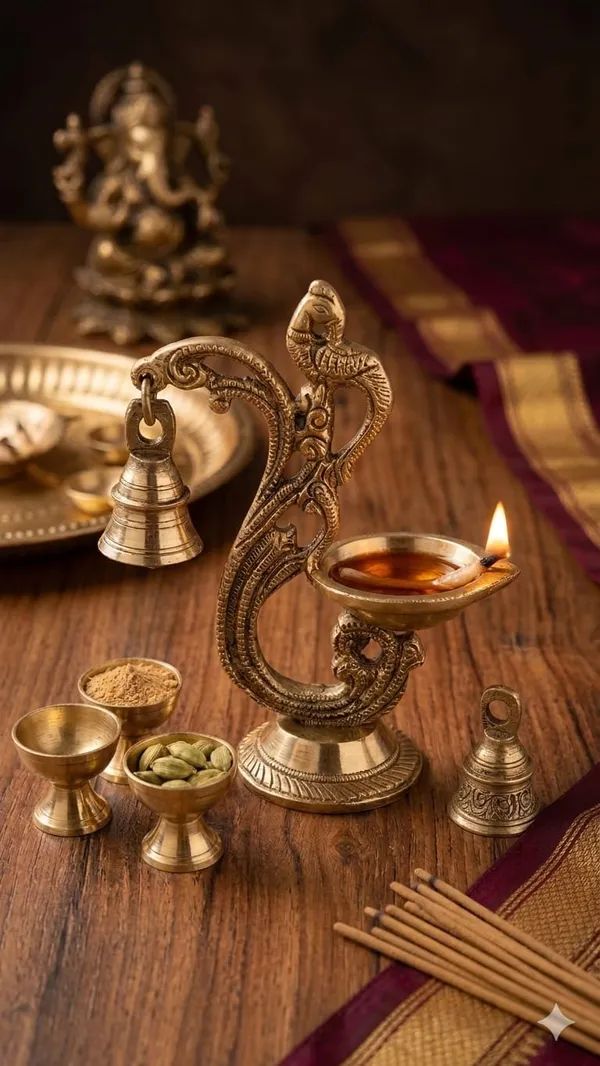 Shubh_Aura_premium_100%_Pure_Brass_hand_crafted_Big_size_Diya_with_peacock_design_&_worship_bell,_Its_very_elegant_for_Mandir_Space_&_Gifting,_weight_550gms