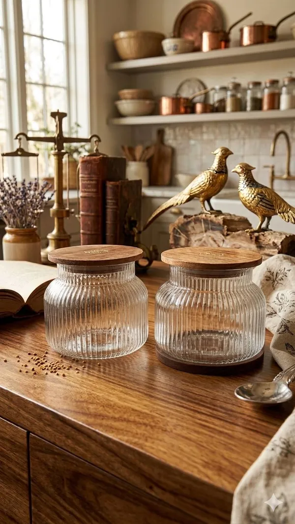 Shubh_Aura_Pack_of_2,_heavy_glass_fluted_design_air_tight_jar_container_with_wooden_lid,_size_800ml