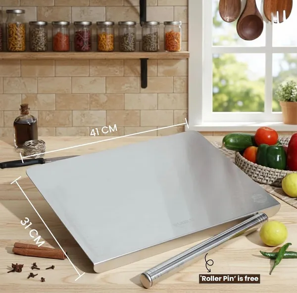 Shubh_aura_pack_of_1_stainless_steel_Premium_stainless_steel_chopping_board_XL_size_41cm_x_31cm_with_Stainless_steel_rolling_pin,_It_ensure_superior_hygiene,_durability_and_with_modern_finish._Its_202_stainless_steel_resist_from_corrosion,_becteria,_stains,_odour