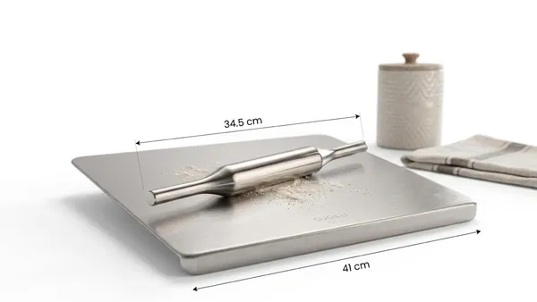 Shubh_aura_pack_of_1_stainless_steel_Premium_stainless_steel_chopping_board_XL_size_41cm_x_31cm_with_Stainless_steel_rolling_pin,_It_ensure_superior_hygiene,_durability_and_with_modern_finish._Its_202_stainless_steel_resist_from_corrosion,_becteria,_stains,_odour