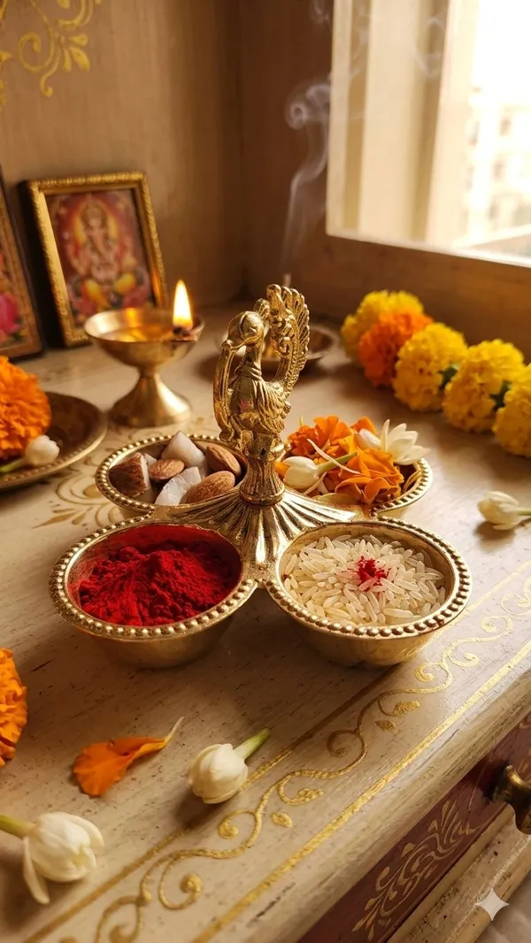 Shubh_Aura_Pure_Brass_hand_crafted_pooja_essential_holder._It_can_hold_Chawal,_Haldi,_Kumkum,_Mishri_all_kind_of_pooja_essential_together,_It�s_a_very_practical_addition_to_any_pooja_routine._Its_has_4_carved_bowls_and_peacock_carving_at_top_which_create_a_cohesive_and_harmonious_look_to_pooja_space,_width_&_length_is_11cm_&_height_8.5cm