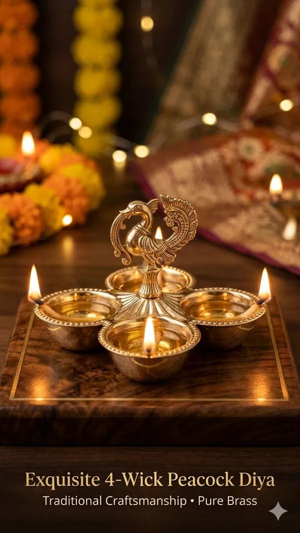 Shubh_Aura_Pure_Brass_hand_crafted_pooja_essential_holder._It_can_hold_Chawal,_Haldi,_Kumkum,_Mishri_all_kind_of_pooja_essential_together,_It�s_a_very_practical_addition_to_any_pooja_routine._Its_has_4_carved_bowls_and_peacock_carving_at_top_which_create_a_cohesive_and_harmonious_look_to_pooja_space,_width_&_length_is_11cm_&_height_8.5cm