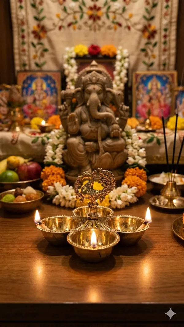 Shubh_Aura_Pure_Brass_hand_crafted_pooja_essential_holder._It_can_hold_Chawal,_Haldi,_Kumkum,_Mishri_all_kind_of_pooja_essential_together,_It�s_a_very_practical_addition_to_any_pooja_routine._Its_has_4_carved_bowls_and_peacock_carving_at_top_which_create_a_cohesive_and_harmonious_look_to_pooja_space,_width_&_length_is_11cm_&_height_8.5cm