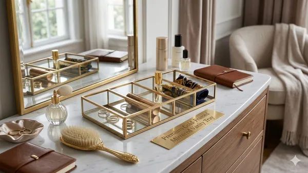 Shubh_aura_Rectangle_mirror_glass_with_gold_rib_make_up_organiser_or_candle/decorative_holder