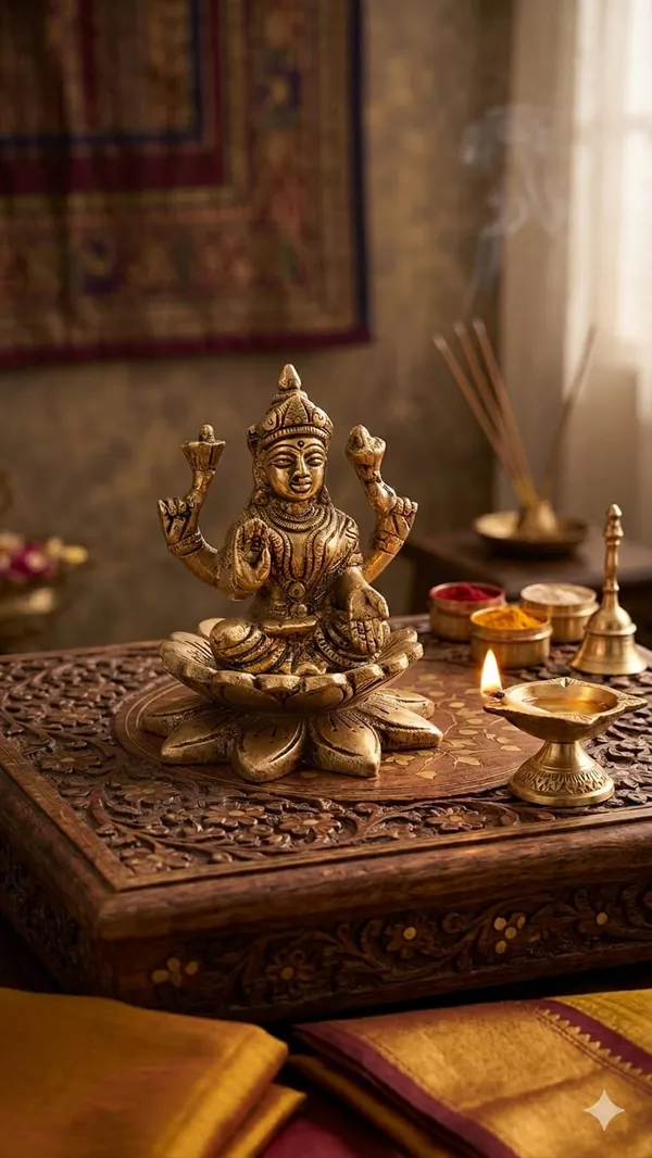 Shubh_Aura_100%_pure_Brass_natural_gold_color_traditional_Hindu_Religious_Brass_Maa_Laxmi_figurine_On_Lotus_Flower