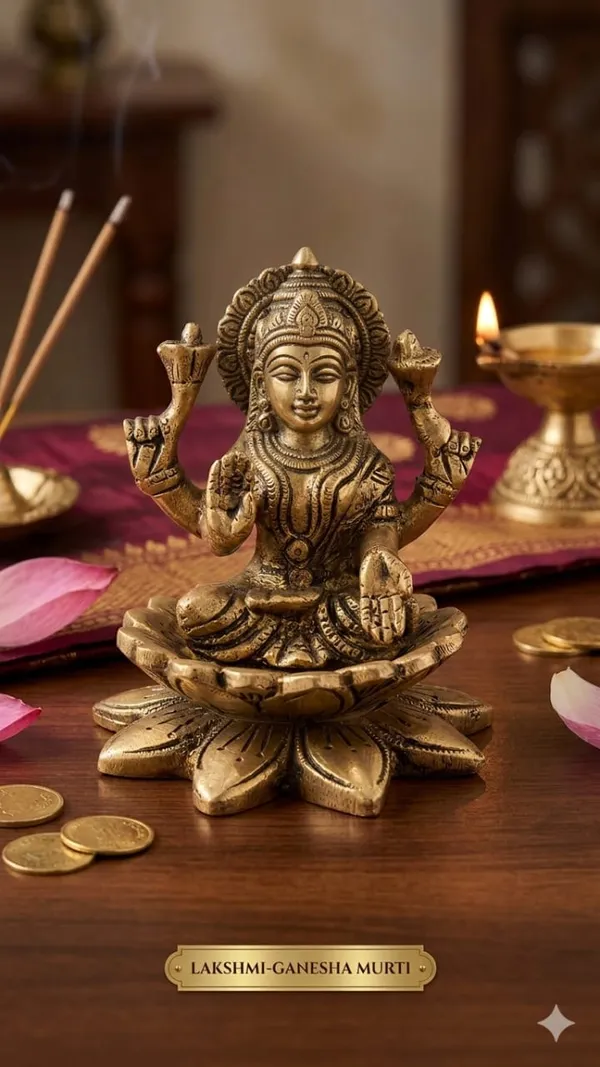 Shubh_Aura_100%_pure_Brass_natural_gold_color_traditional_Hindu_Religious_Brass_Maa_Laxmi_figurine_On_Lotus_Flower