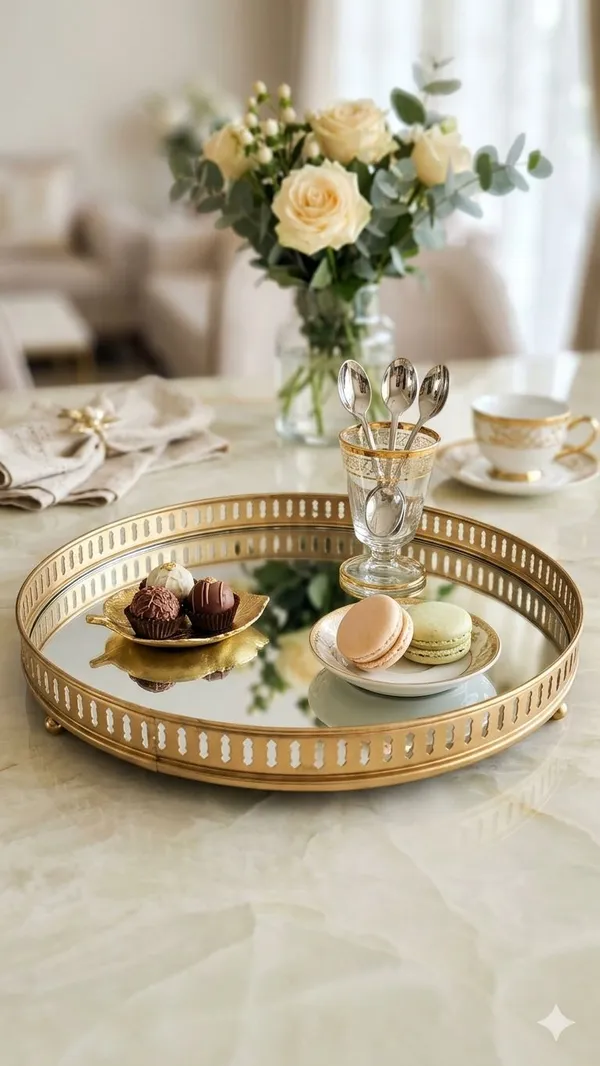Shubh_Aura_Gold_color_premium_mirror_glass_round_tray_multi_purpose_to_use_for_serving_or_make_up_organiser