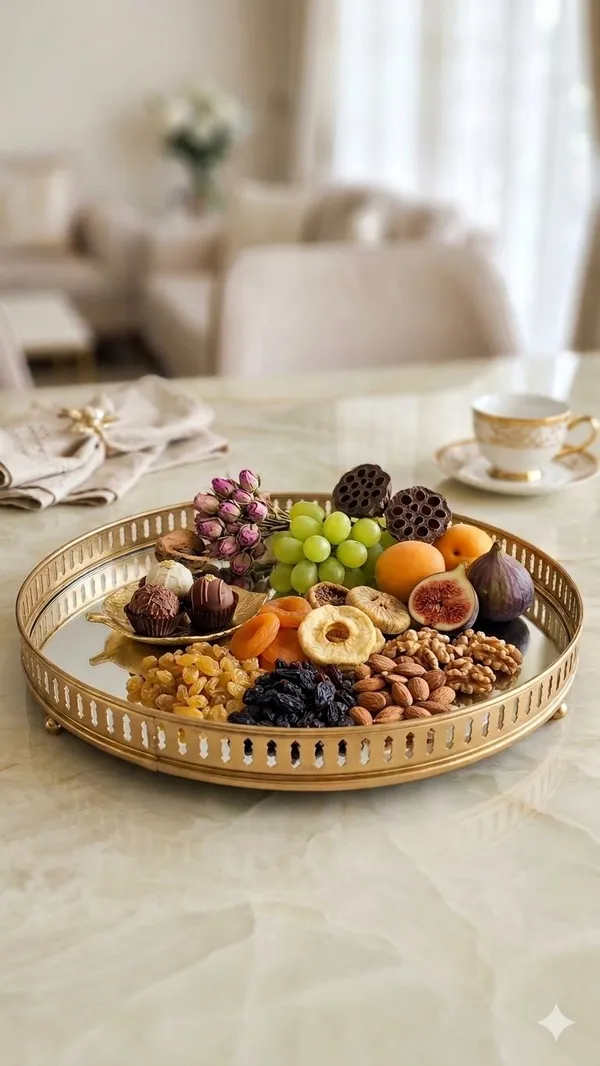 Shubh_Aura_Gold_color_premium_mirror_glass_round_tray_multi_purpose_to_use_for_serving_or_make_up_organiser