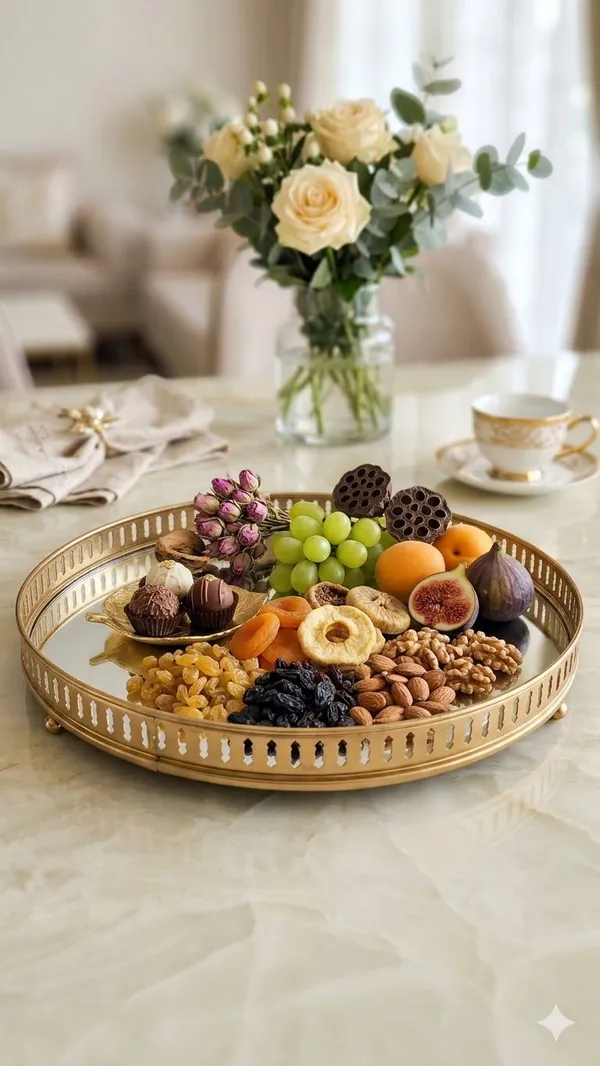 Shubh_Aura_Gold_color_premium_mirror_glass_round_tray_multi_purpose_to_use_for_serving_or_make_up_organiser