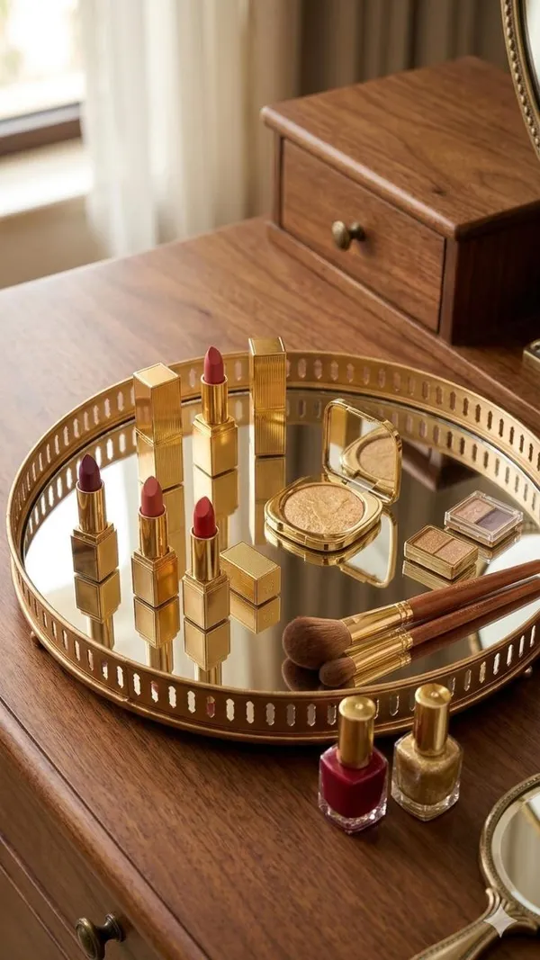 Shubh_Aura_Gold_color_premium_mirror_glass_round_tray_multi_purpose_to_use_for_serving_or_make_up_organiser