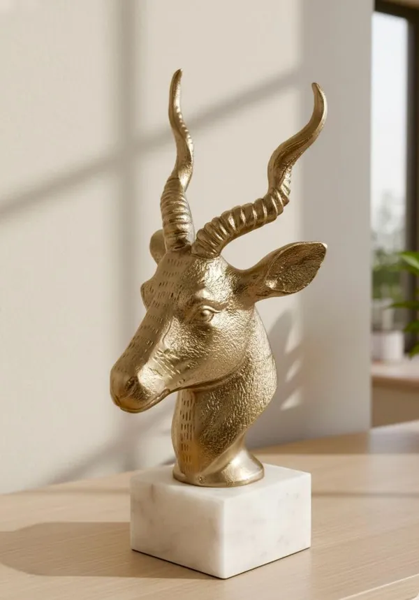 Shubh_Aura_Premium_Gold_Finish_Metal_Royal_Antelope_On_Marble_for_home_decor,_Table_top_size_5.5"x7.25"x12.5"