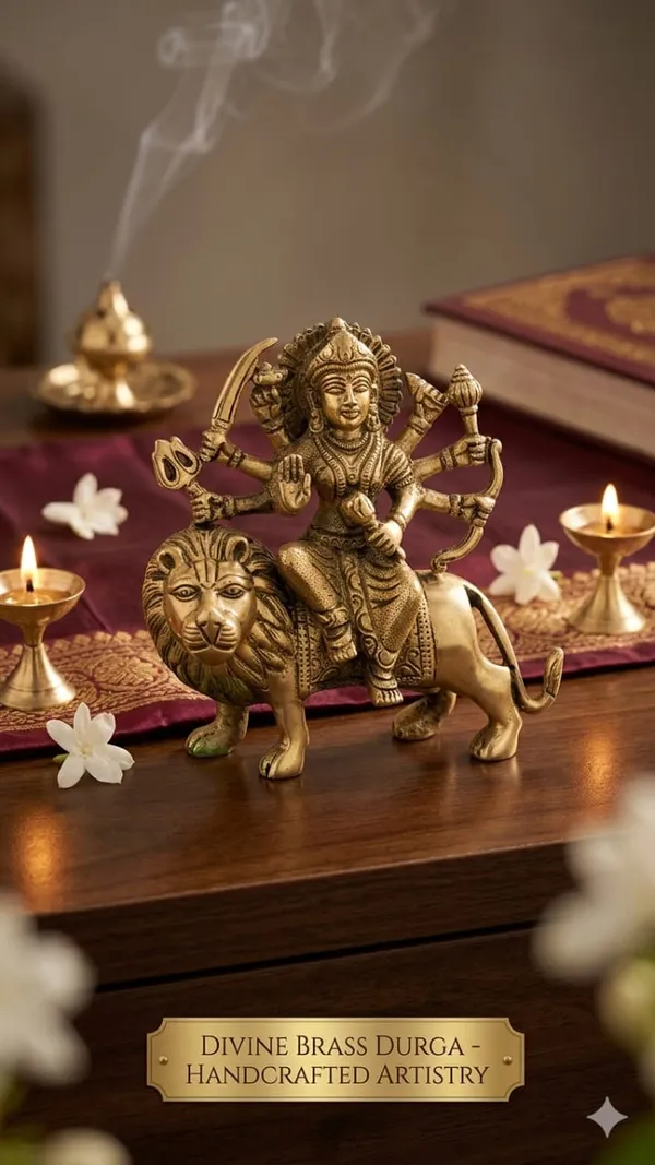 Shubh_Aura_Premium_100%_pure_brass_Natural_Gold_color_Maa_Durga_Statue_On_Lion_Hindu_Deity_Figurine_size_16x16cm,_weight_1.2kgs