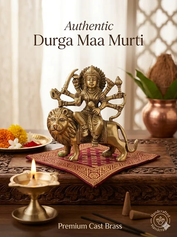 Shubh_Aura_Premium_100%_pure_brass_Natural_Gold_color_Maa_Durga_Statue_On_Lion_Hindu_Deity_Figurine_size_16x16cm,_weight_1.2kgs