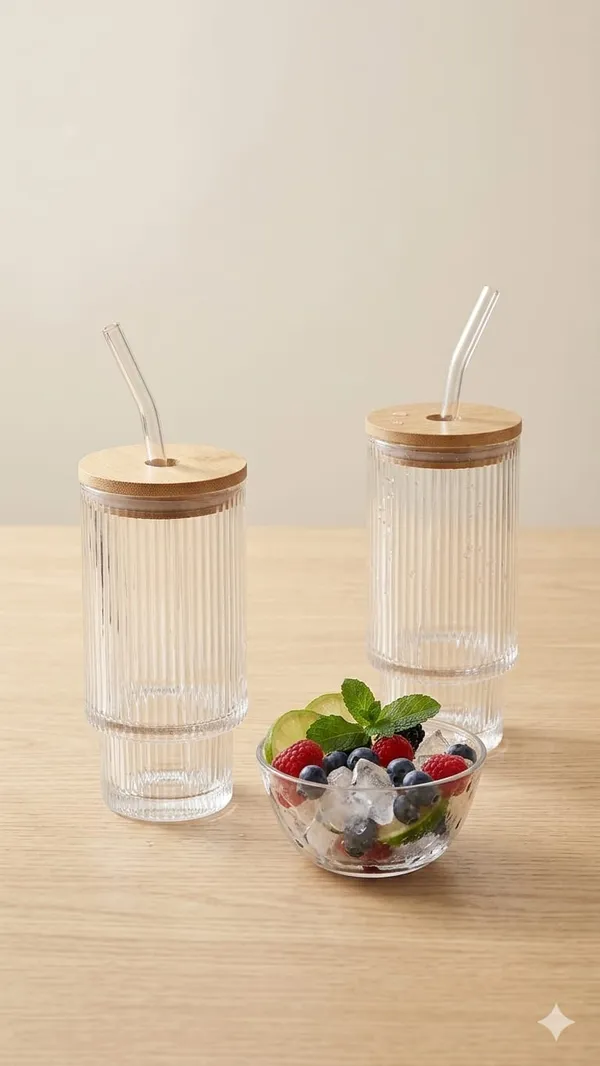 Shubhaura_Borosilicate_premium_glass_ribbed_tumbler_2_pack_set_with_wooden_lid_and_glass_straw_to_serve_beverages_size_350ml