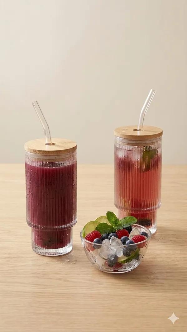Shubhaura_Borosilicate_premium_glass_ribbed_tumbler_2_pack_set_with_wooden_lid_and_glass_straw_to_serve_beverages_size_350ml