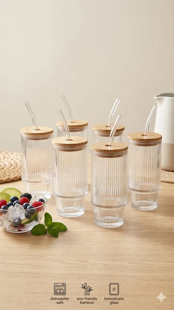 Shubhaura_Borosilicate_premium_glass_ribbed_tumbler_2_pack_set_with_wooden_lid_and_glass_straw_to_serve_beverages_size_350ml