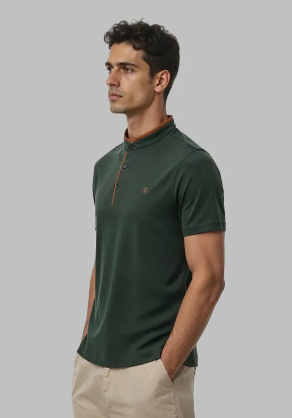 Bottle_Green_Terra_Suede_Mandarin_Lustra_Cotton_Polo_T_Shirt_For_Men