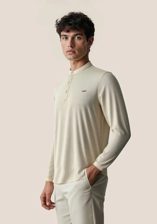 Cream_Lineage_Textu_Henley_Warm_Cotton_Waffle_Polo_T_Shirt_For_Men