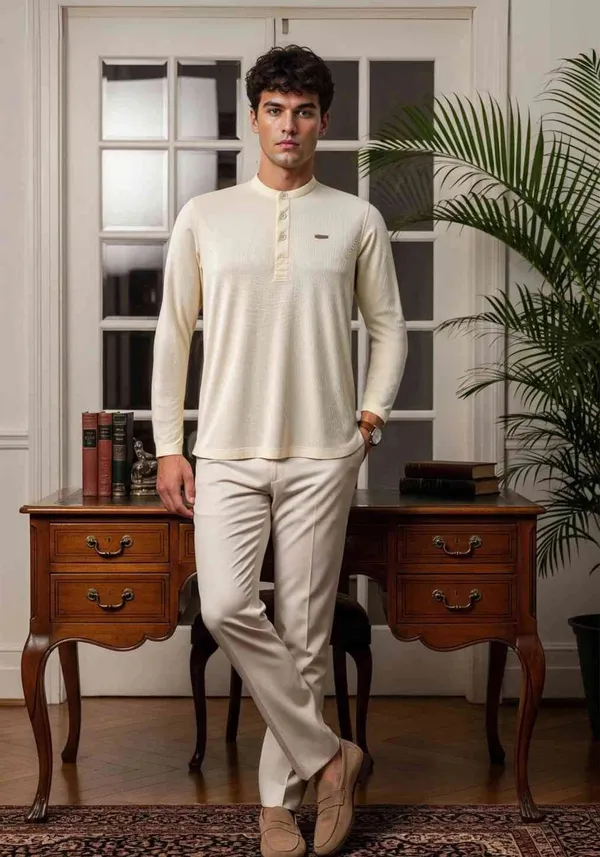 Cream_Lineage_Textu_Henley_Warm_Cotton_Waffle_Polo_T_Shirt_For_Men