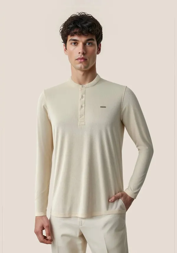 Cream_Lineage_Textu_Henley_Warm_Cotton_Waffle_Polo_T_Shirt_For_Men