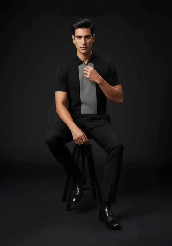 Black_Zipper_Cotton_Pique_Polo_T_Shirt_For_Men