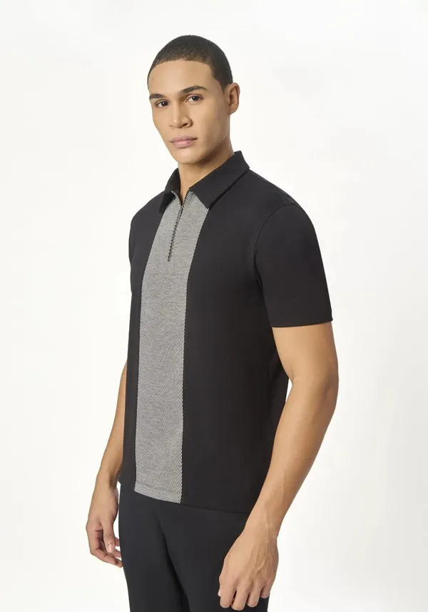 Black_Zipper_Cotton_Pique_Polo_T_Shirt_For_Men