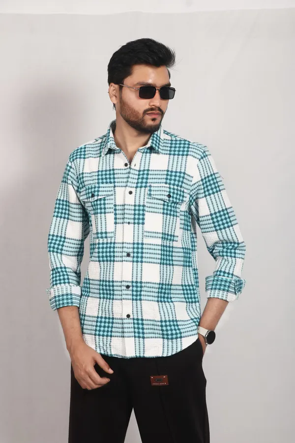 White_And_Skyblue_Brushing_Textured_Premium_Shirt_For_Men