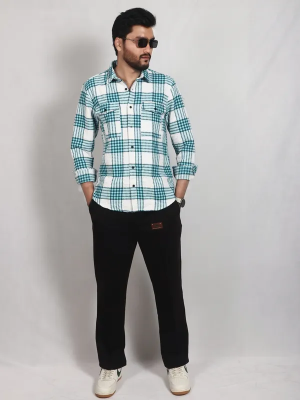 White_And_Skyblue_Brushing_Textured_Premium_Shirt_For_Men