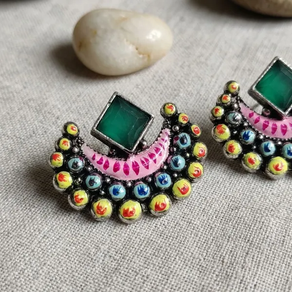 Forest_Green_Brass_Boho_Half_Moon_Hand_Painted_Forest_Stone_Art_Earrings_For_Women