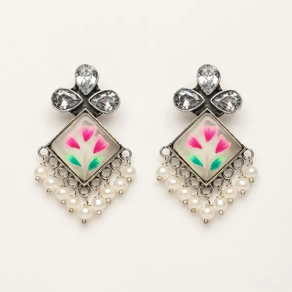 White_Brass_Premium_Hand_Painted_Stone_Floral_Kite_Earrings_For_Women