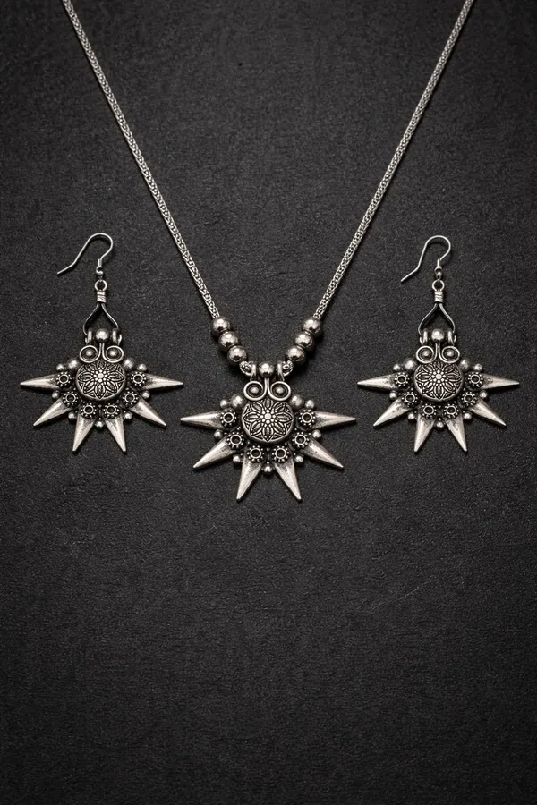 Oxidised_German_Silver_Sunburst_Necklace_Set_with_Matching_Earrings