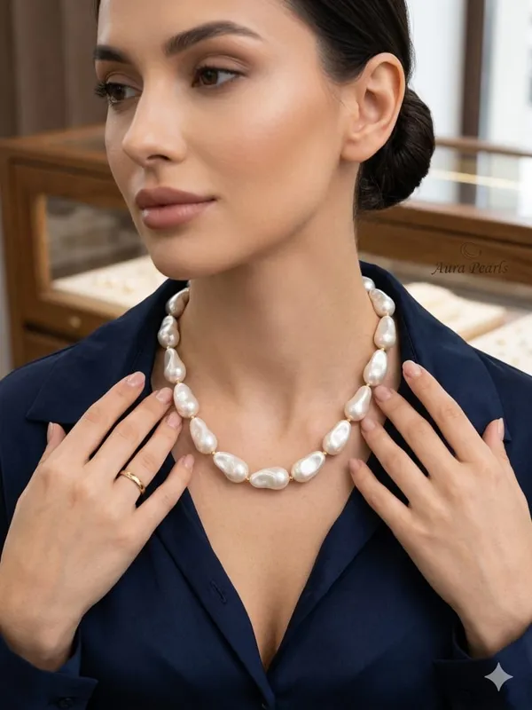 White_Shell_Pearl_Irregular_With_Tone_Toggle_Clasp_Necklace_For_Women