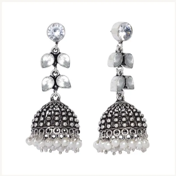 Silver_Brass_Premium_Leaf_Textured_Oxidised_Jhumka_For_Women