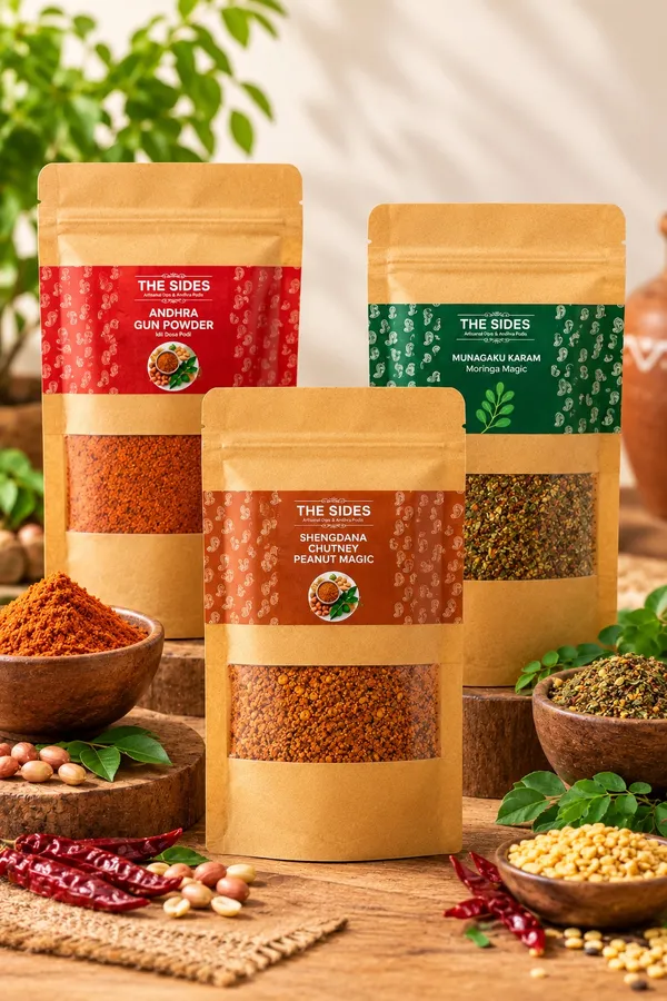 The_Sides_Andhra_Podi_Combo_of_3_–_Gun_Powder_Idli_Dosa_Podi,_Munagaku_Karam_Moringa_Podi,_Shengdana_Peanut_Chutney_Powder_–_Homemade_Spice_Powders