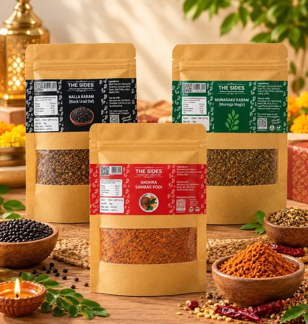 The_Sides_Andhra_Podi_Combo_of_3_–_Nalla_Karam_Black_Urad_Dal_Podi,_Andhra_Sambar_Podi_&_Munagaku_Karam_Moringa_Podi_–_Homemade_South_Indian_Spice_Powders,_85g_Each